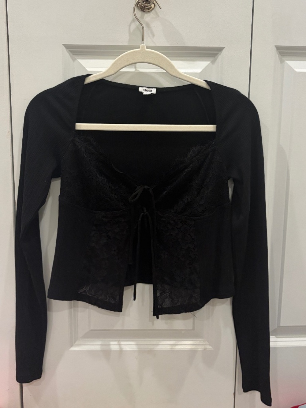 Garage Black Lace Tie Front Long Sleeve Top